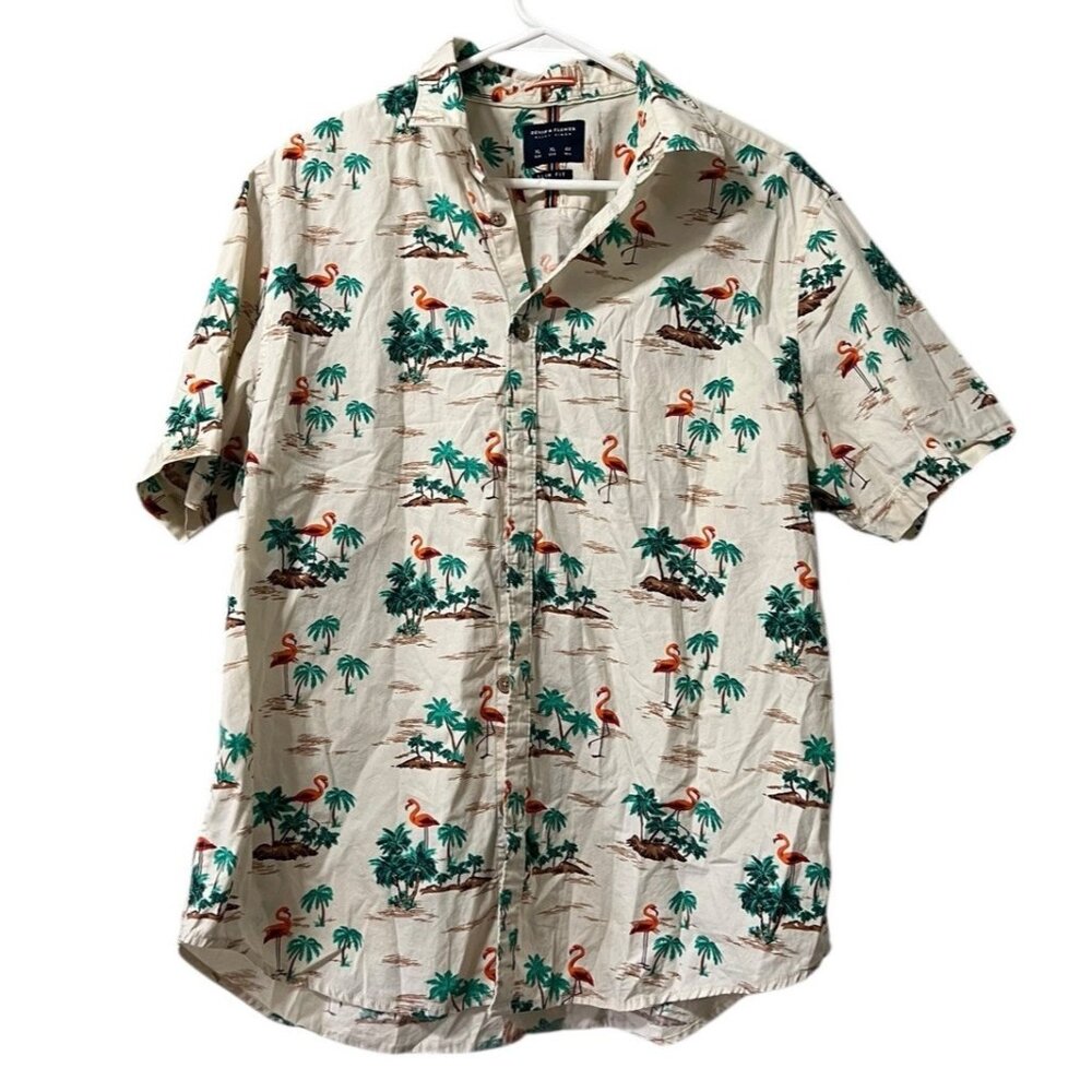 Denim & Flower Ricky Singh Men XL Slim Fit Button Up Shirt Pink Flamingos Print‎